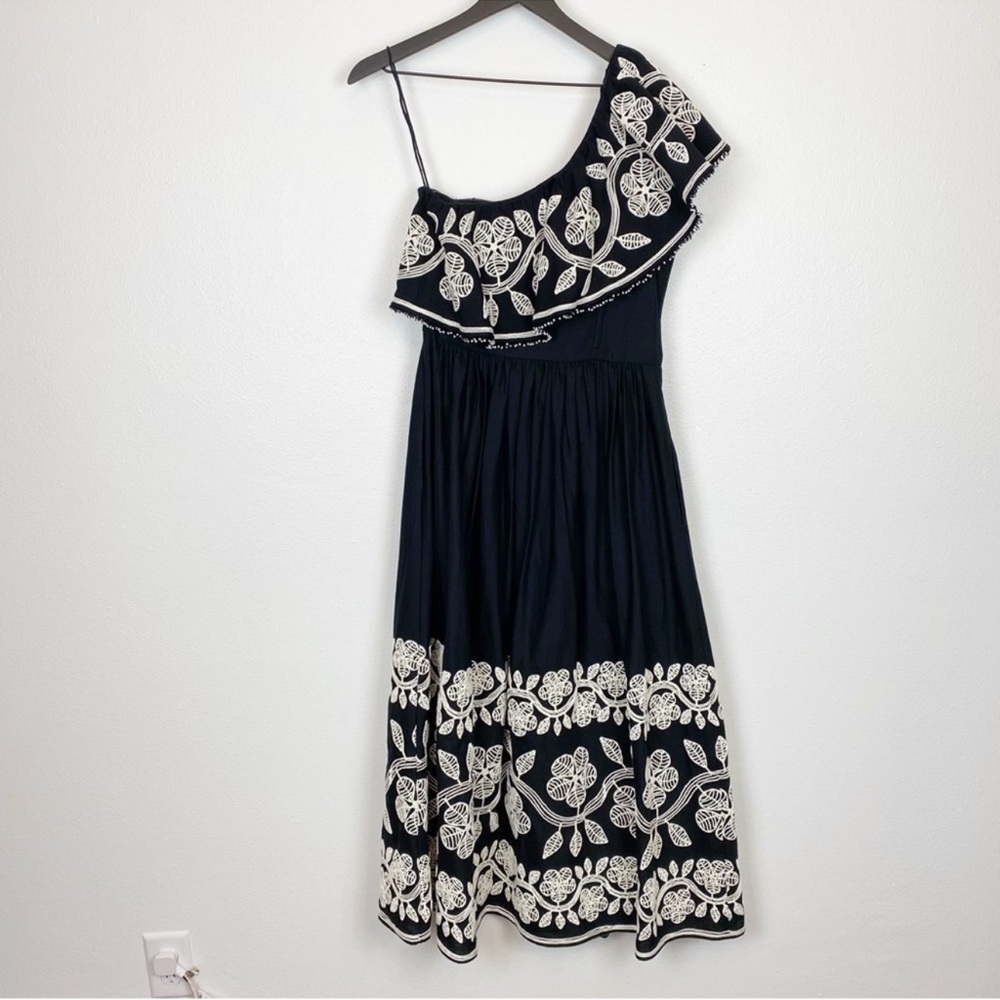 Sea New York Beck One Shoulder Ruffle Embroidered Midi Dress